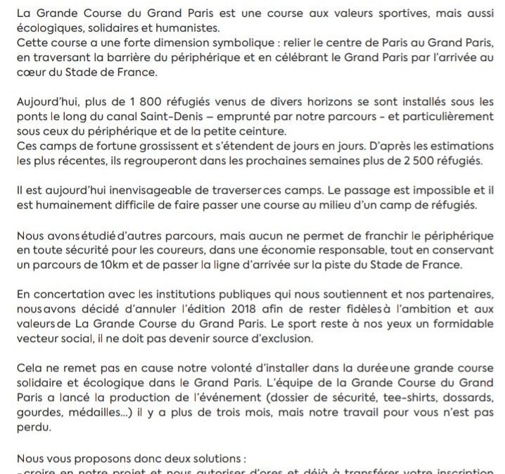 La Grande Course du Grand Paris annulée pour cause de villages de migrants !!