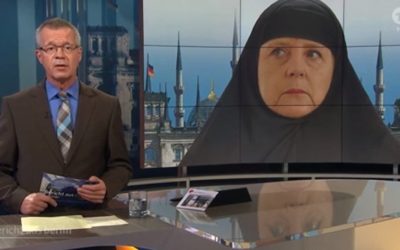 Angela Merkel en burqa à la TV allemande devant le Reichstag hérissé de minarets