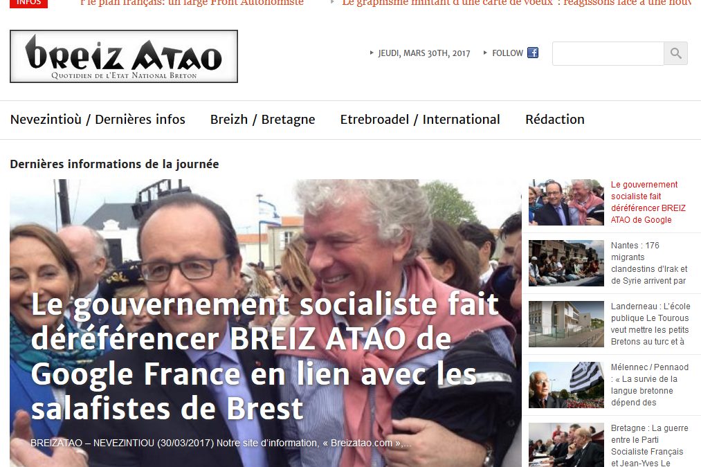 Le gouvernement socialiste fait déréférencer le site Breiz Atao de Google France sur pression des salafistes de Brest