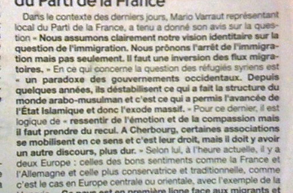 Cherbourg : Le Parti de la France donne son avis sur les migrants dans la presse locale