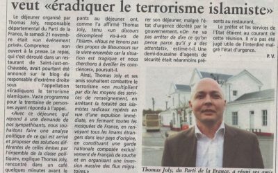 Thomas Joly, Parti de la France veut « éradiquer le terrorisme islamiste »